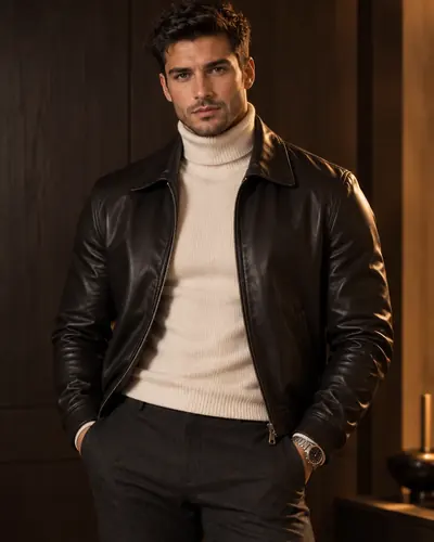 Male build 01, male sex doll wearing a black leather jacket over a cream turtleneck